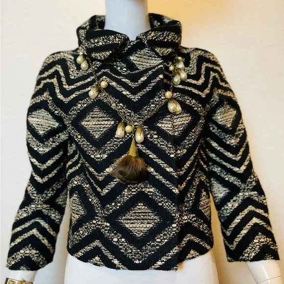 GIAMBATTISTA VALLI DESIGNER WOOL BLACK METALLIC GOLD CROPPED FITTED JACKET ITALY